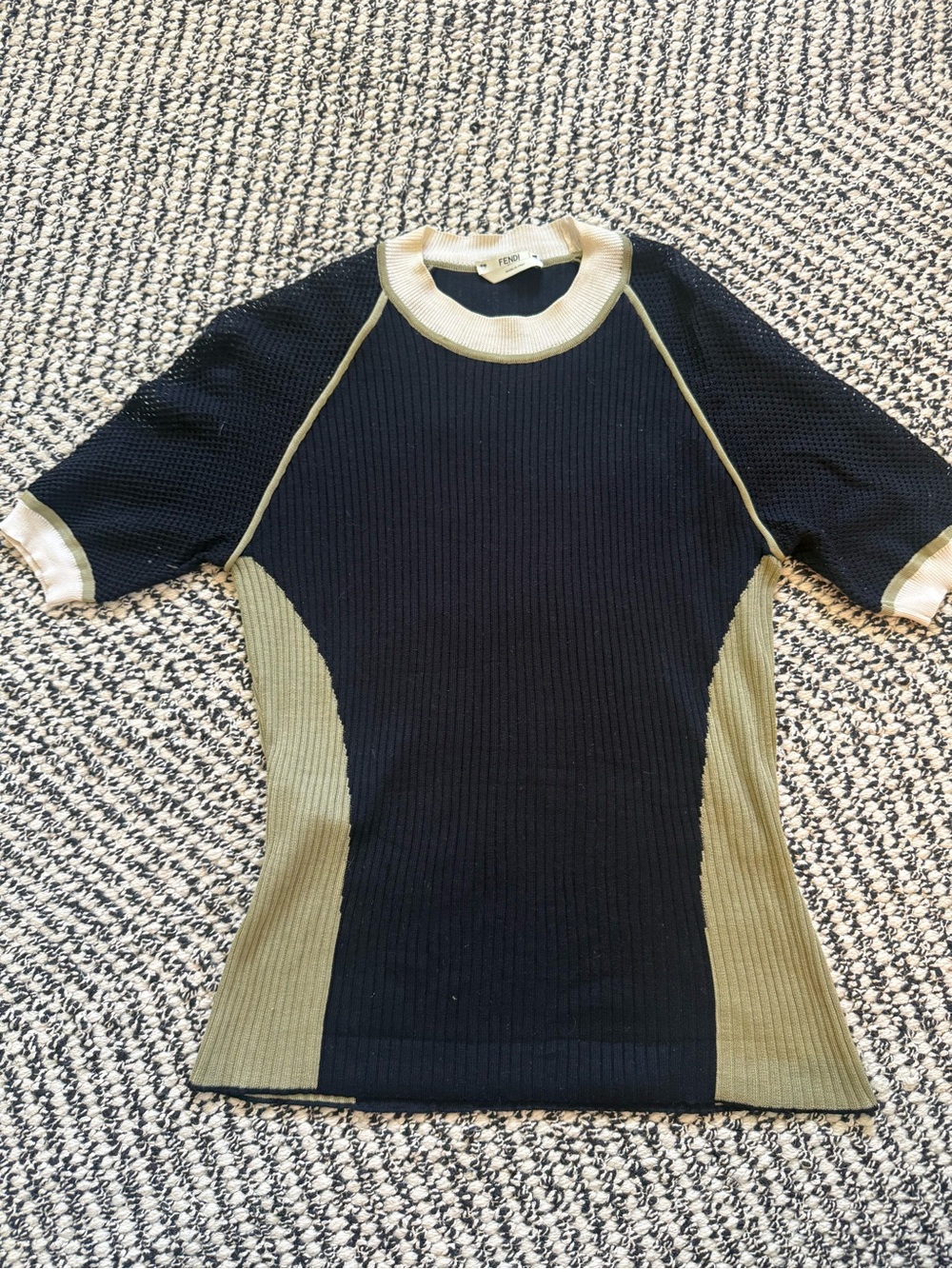 Fendi Navy and Olive Ribbed Short Sleeve Top size 6